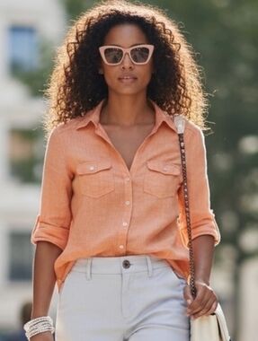 Foxcroft Orange Linen Button-Up Fitted Shirt Women's Size 4 Lightweight Colorful